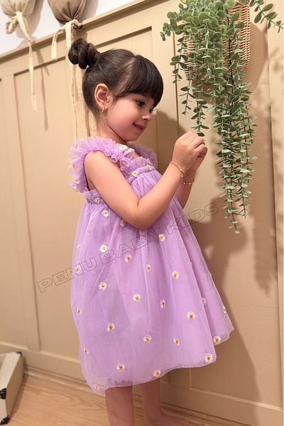 penu baby kids Lilac Embroidery Daisy Embroidered Strap Baby Girl & Girl Dress - Margarita