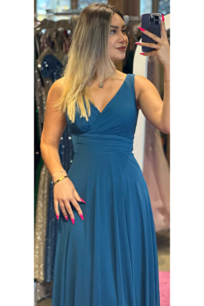 Abiyeniall Petrol Renk Kalın Askı Kloş Etekli Likralı Midi Abiye Elbise 7240