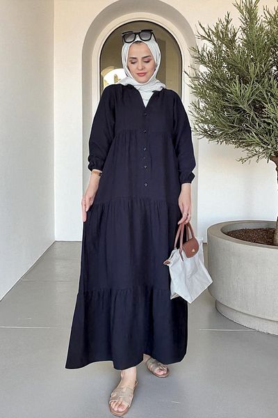 Aselim Hijap Moda Φόρεμα μουσελίνας με κουμπιά Roba Cut 4 στρώσεων – Καλοκαιρινό μοντέλο 100% βαμβάκι (μέγεθος 36-52) Μαύρο