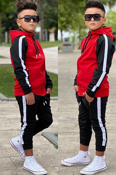 Zaziko Kids Unisex Stripe Detailed Hooded Children's Tracksuit Set