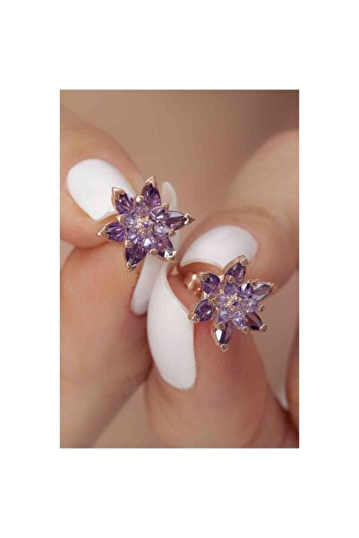 Şimal Silver 925 Ayar Gümüş Mor Renkli Lotus Çiçeği Küpe