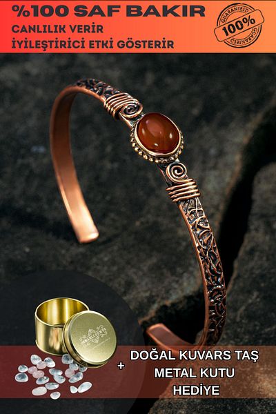 OSMANLI GÜMÜŞ Copper Handcuff Bracelet with Red Agate Natural Stone Men Women Quartz Stone & Metal Boxed