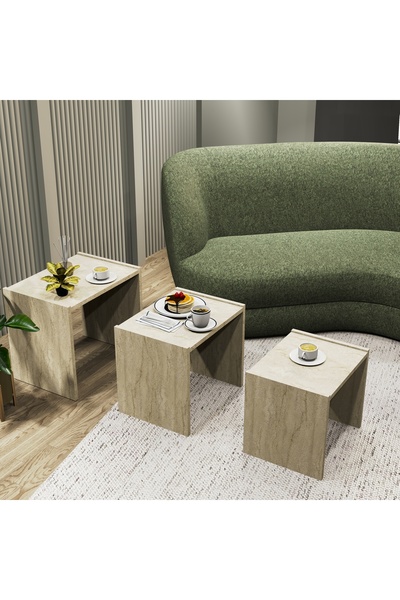 Cool Home Vera 3'lü Zigon Sehpa , Servis Sehpası Traverten