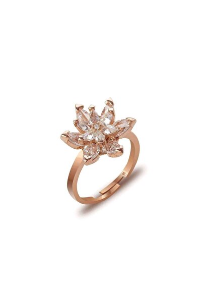 Şimal Silver 925 Ayar Gümüş Rose Kaplama Beyaz Renkli Lotus Çiçeği Yüzük
