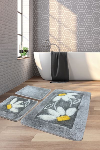 Chilai Home Gray Set of 3 - Daisy Toilet and Bath Mat, Acrylic Carpet
