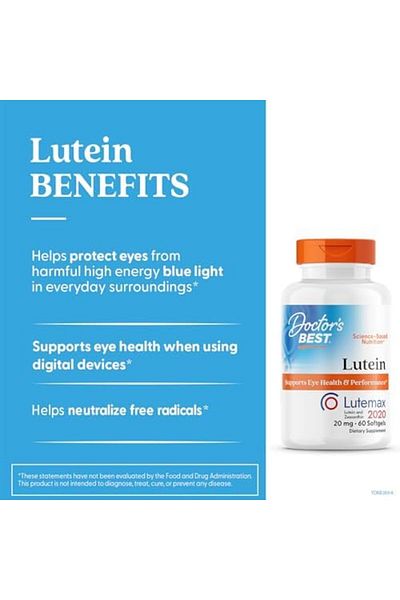 Doctor's Best Lutein Featuring Lutemax, , 20 Mg, 60 Softgels Gluten Free, Supports Eye Health & Performance