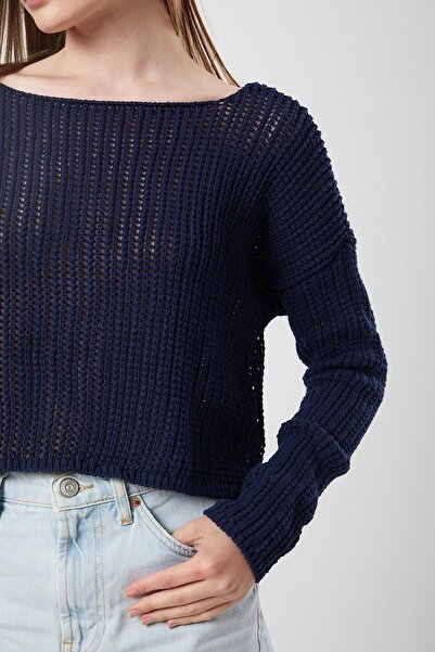 Mixray 6864 Women's Openwork Mesh Seasonal Sweater Navy Blue