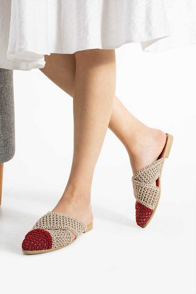 Moda Devrin Red Braided Cross Closed Women's Slippers Home and Outdoor Slippers