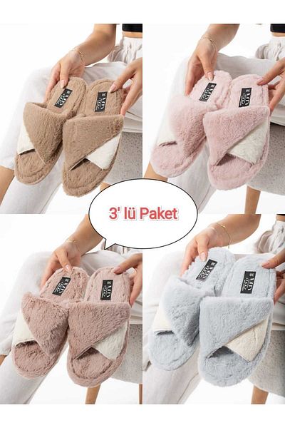 Moda Devrin Σετ 3 χειμερινής βάσης με βελούδινο ύφασμα Chinchilla Twisted Slippers Παντόφλες εσωτερικού χώρου Σετ προίκας