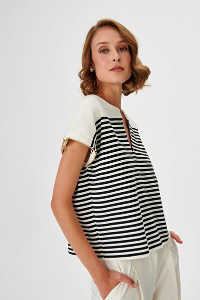 JOIN US Fermuarlı Fonksiyonel Kol Çizgili Triko Kazak