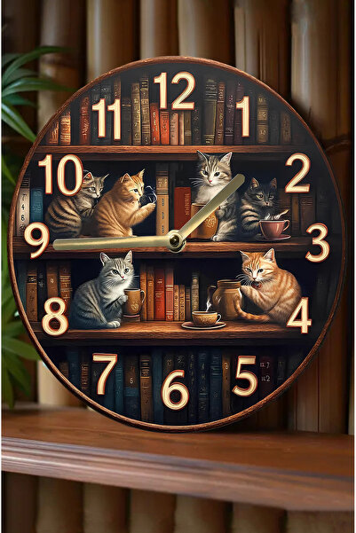 kutuTR Sessiz Yuvarlak Ahşap Duvar Saati, Kuvars Hareketli 2d Kedi Desen Sdw018