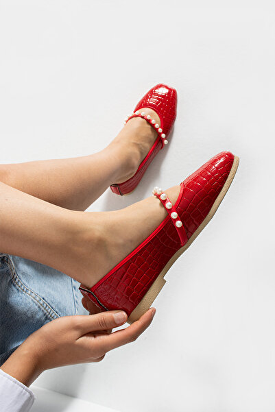 Moda Devrin Women's Red Crocodile Pearl Ballerina Home and Outdoor Shoes