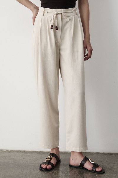 JASTE Women's Natural High Waist Beaded Lace-Up Linen Trousers