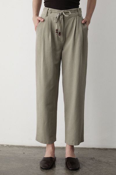 JASTE Women's Khaki High Waist Beaded Lace-Up Linen Trousers