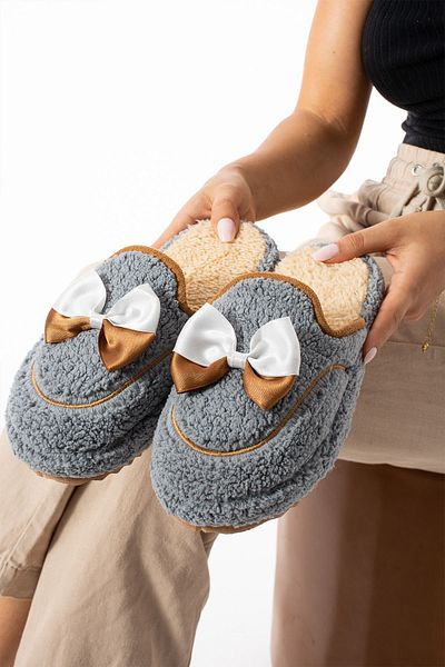 Moda Devrin Gray Bow Tie Winter Women's Slippers