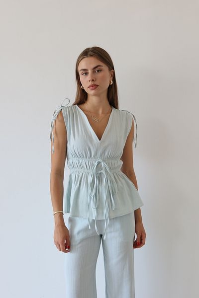 JASTE Women's Blue Shoulder Waist Gathered Blouse & Elastic Waist Pants Linen Suit