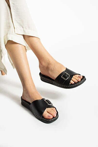 Moda Devrin Gz12672 Black Anatomical Sole Adjustable Buckle Women's Slippers