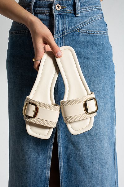 Moda Devrin Beige Jute Buckle Open Women's Slippers Home and Outdoor Slippers