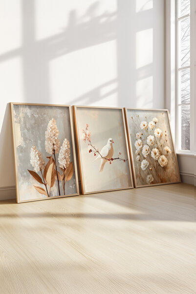 STARYUNA Yağlı boya efektli çiçekli kuşlu vintage ahşap çerçeveli 3'lü tablo seti Yuna206