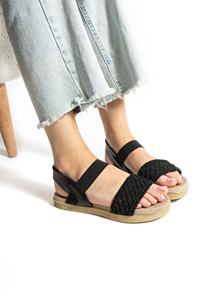 Moda Devrin Black Straw Knitted Elastic Sandals
