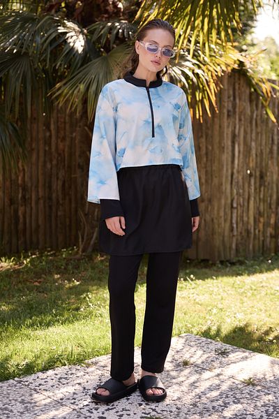 Bipantolon Γυναικείο Σετ μαγιό Hijab Blue Tie Dye με στάμπα 3 τεμαχίων