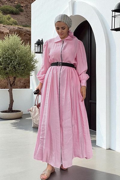 Aselim Hijap Moda Βαμβακερό φόρεμα με φερμουάρ |   Καλοκαιρινό καθημερινό και ειδικό φόρεμα |   Ροζ
