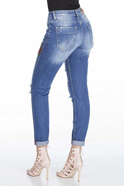 Cipo&Baxx Women's Blue High Waist Embroidered Ripped Jeans