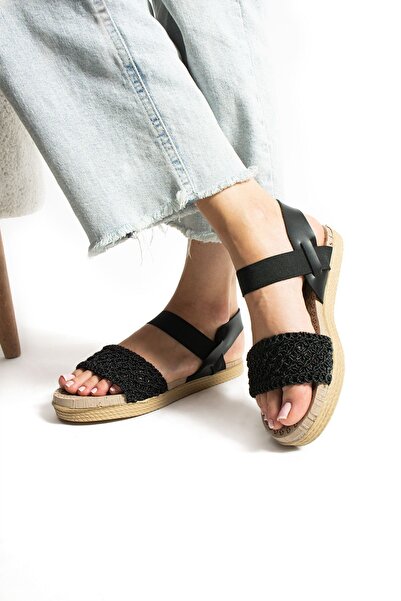 Moda Devrin Black Straw Knitted Elastic Sandals