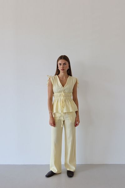 JASTE Women's Shoulder Waist Gathered Blouse & Elastic Waist Pants Linen Set