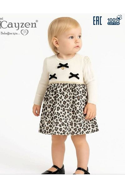 cayzen Luvvera Baby Girl Long Sleeve Leopard Print Dress – Bow and Gold Heart Accessory Detail