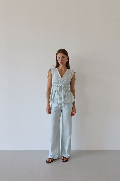 JASTE Women's Blue Shoulder Waist Gathered Blouse & Elastic Waist Pants Linen Suit