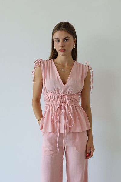 JASTE Women's Shoulder Waist Gathered Blouse & Elastic Waist Pants Linen Set