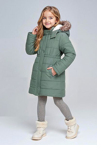 Mika Bebek & Çocuk Thick Fiber Filled Water Wind And Rain Proof Hooded Girl's Winter Luxury Green Puffer Jacket