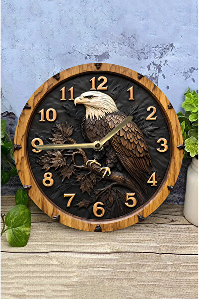 kutuTR Sessiz Yuvarlak Ahşap Duvar Saati, Kuvars Hareketli 2d Kartal Desen Sdw024