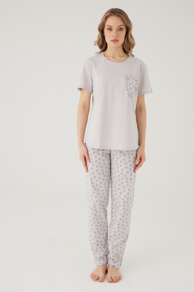TURAY Wishes Comfort Kısakol 100% Cotton Women's Gray Pajama Set