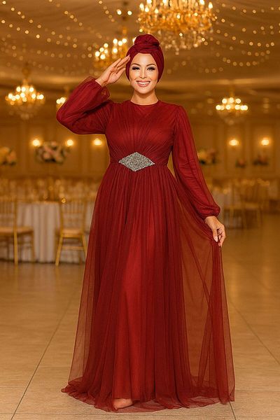 Neva Style Βραδινό φόρεμα Hijab Βουργουνδίας από τούλι 54230br