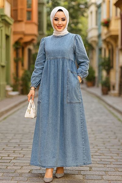 Neva Style Μπλε τζιν φόρεμα Hijab - Τσέπη, Μοντέλο 19122M
