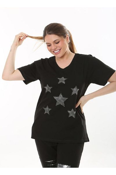 vividbutik Star Patterned Jewelled V-Neck Large Size T-Shirt