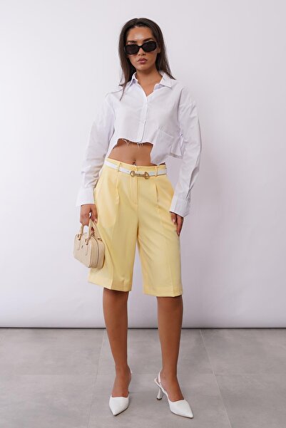 Madmext Sarı Pileli Kadın Bermuda Şort Mg2483