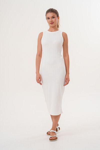 Basics&More Women's Ecru Ribbed Camisole Midi Dress – Sleeveless, Crew Neck, Casual Comfortable Fit