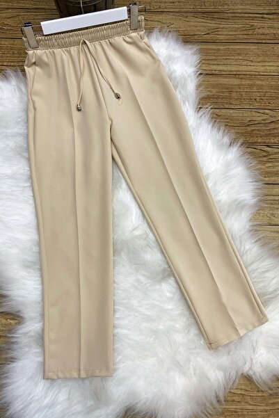 Maystore بنطلون نسائي من القماش ذو خصر مرتفع ولون حجري مفتوح وخصر مطاطي - طول...