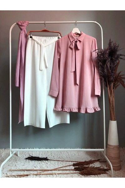 Ruj Moda Combination Ribbon Ruffle Detailed Tunic White Pants