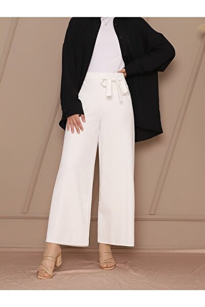 Kirazgym Kadın Beli Bağcıklı Double Krep Bol Paça Beyaz Pantolon