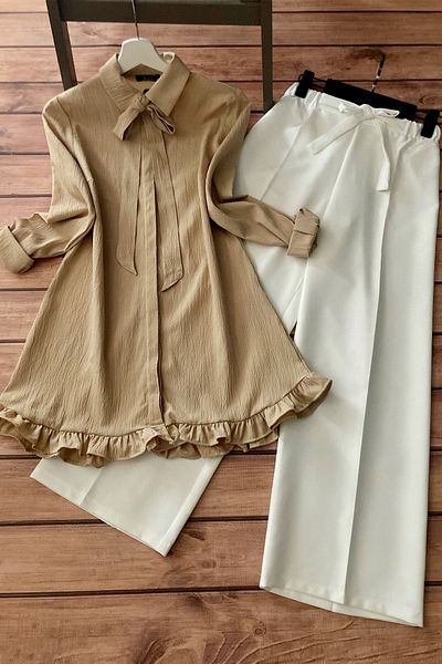 Ruj Moda Λευκό παντελόνι με βολάν με συνδυαστική κορδέλα Λεπτομερές τουνίκ