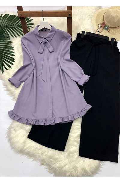 Kirazgym Women's Ribbon Ruffle Detailed Lilac Tunic & Black Trousers Set – Hijab 2-Piece Combination