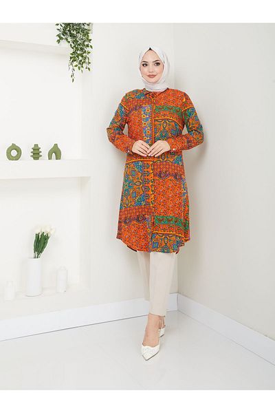 Kirazgym Ethnic Orange Patterned Viscose Tunic