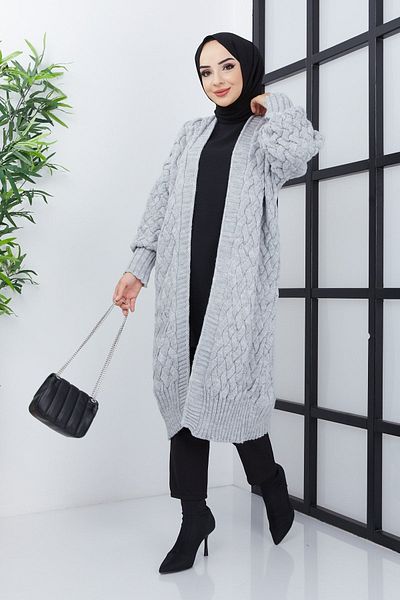 Kirazgym Gray Balloon Sleeve Basket Knitted Cardigan - Without Buttons