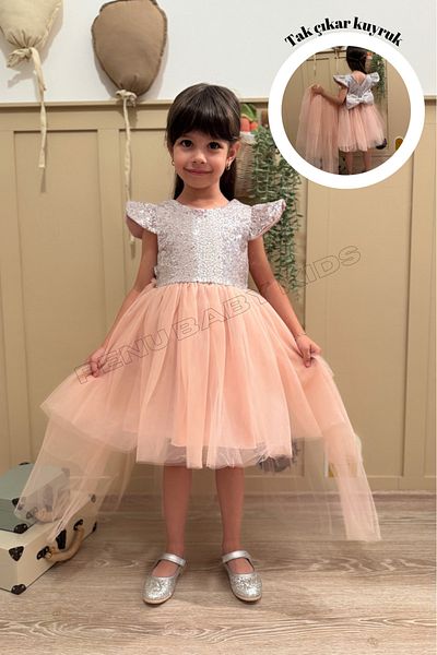 penu baby kids Rochie pentru fetiță cu mâneci scurte din tul cu paiete pudră