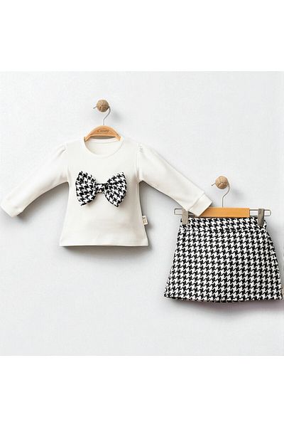 COŞAY BEBE Baby Girl Set with Plaid Pattern Skirt - Long Sleeve Blouse with Bow and Mini Skirt