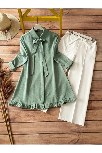 Ruj Moda Set combinat de panglici cu volane, tunică și pantaloni albi